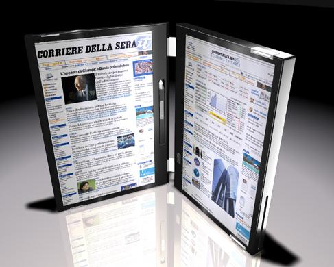 Canova rotated 90 degrees, like a traditional book, showing ebook content on both screens.