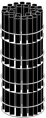 Concept drawing ammunition trays stacked up like dinner plates in a cylinder that fits into a converted missile tube.